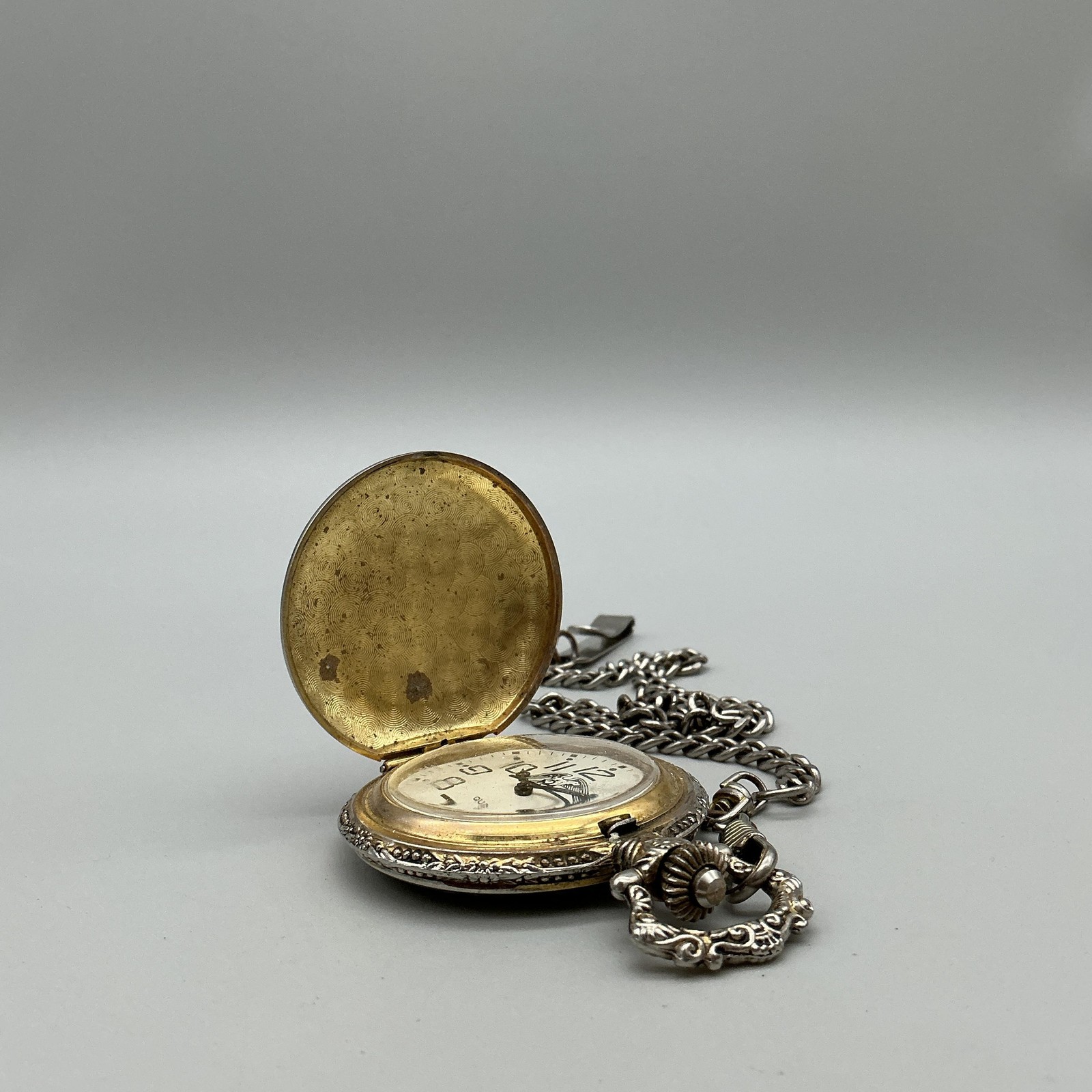 Eagle Pocket Watch Men 47mm Silver Gold Tone Full Hunter Chain New Battery