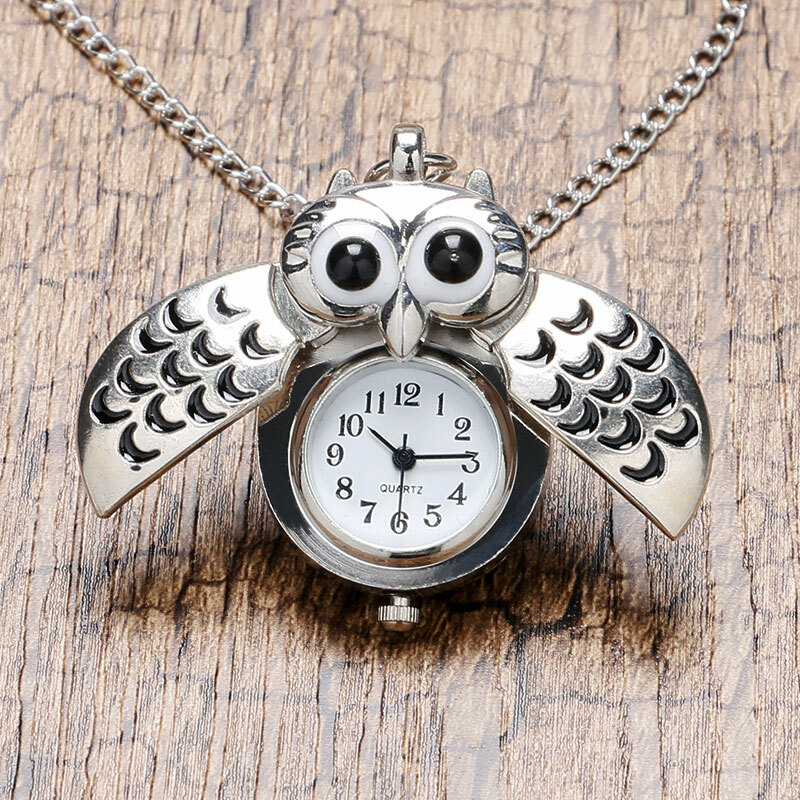 Pocket Watch Necklace Gift Silver Night Owl Arabic Numerals Dial Modern Fashion