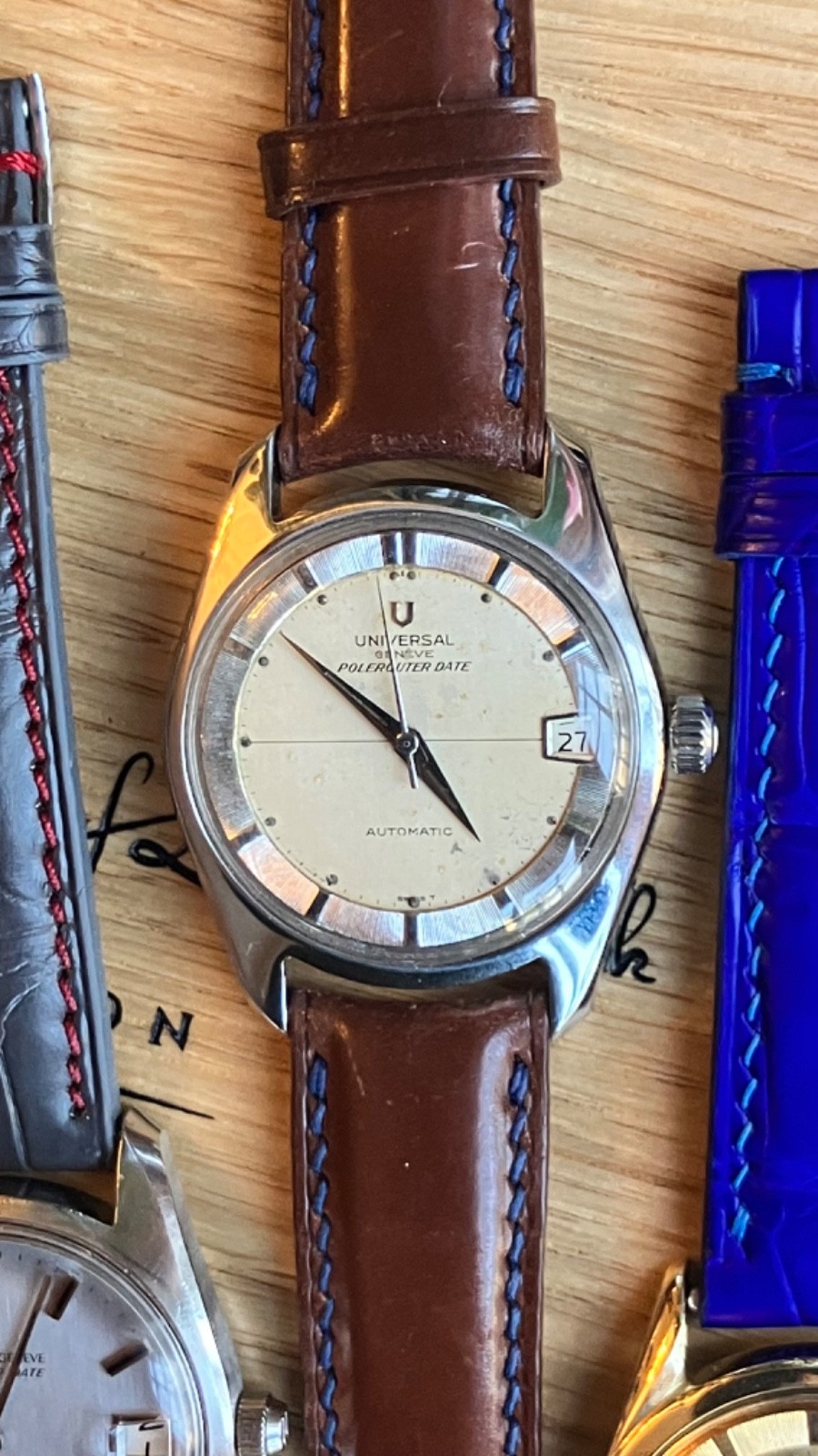 Universal Geneve Polerouter Auto Date ST 35mm case Cream Index dial Strap 1960