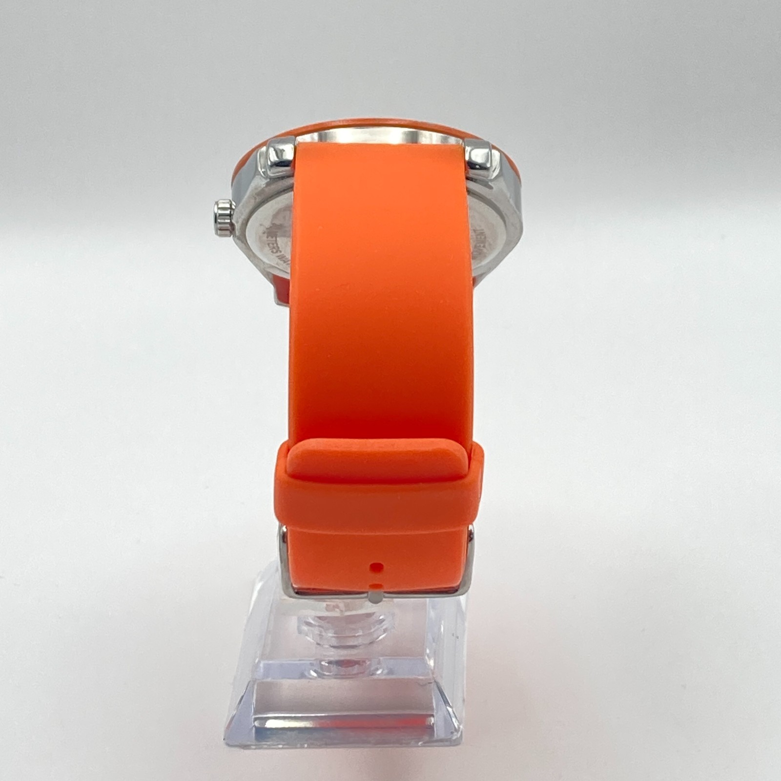 Express Men’s Watch 45mm Silver Tone Orange Day Date Silicone New Battery 9.5″