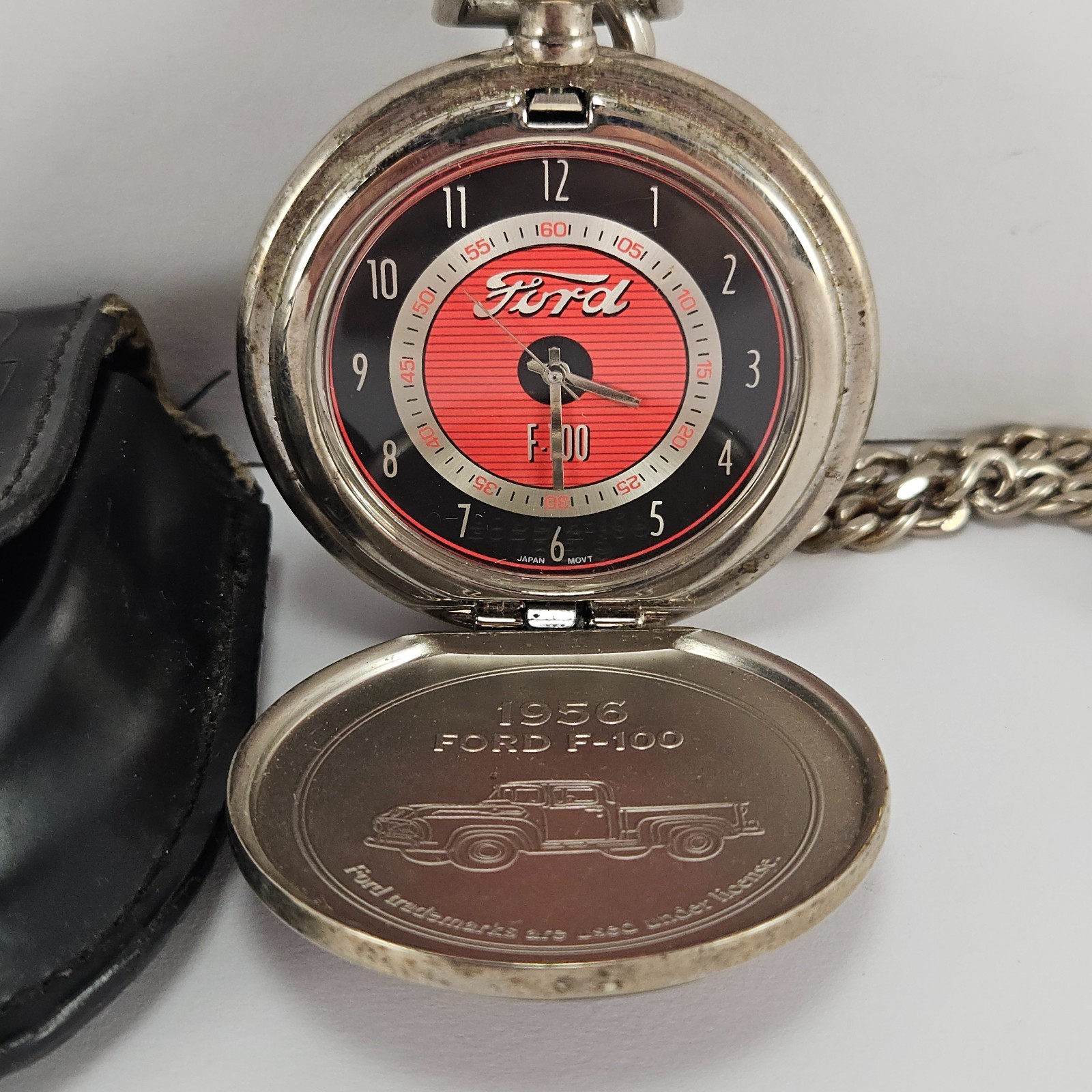 Vintage Ford 1956 F-100 Pocket Watch w/ Chain & Leather Case Untested Japan Movt