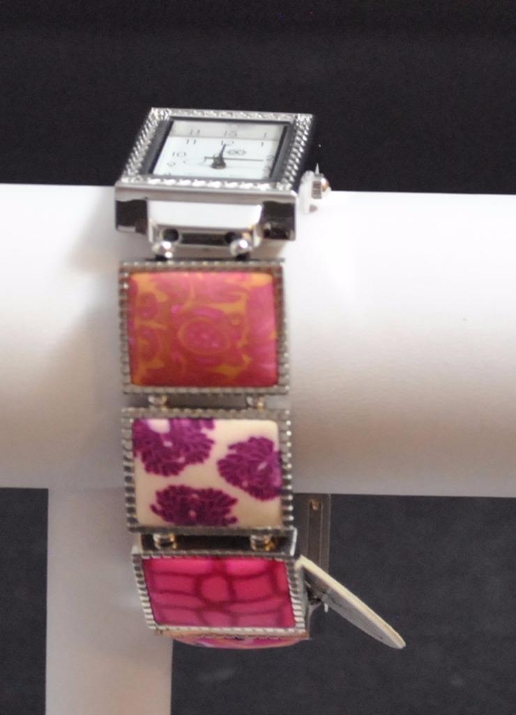 Jilzarah Blossom Square Watch Polymer Clay Inlays Stretch Band Handmade Artisan