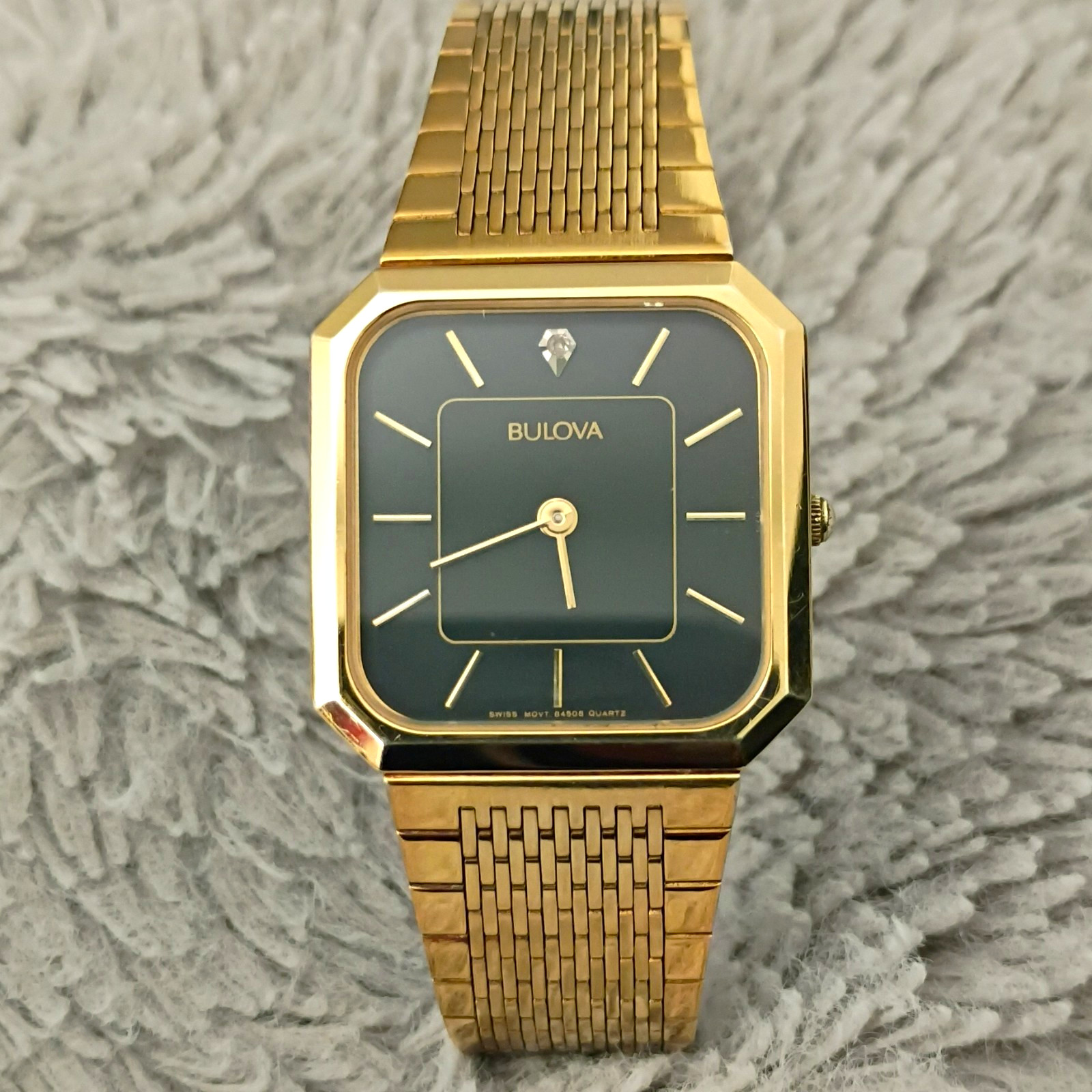 Bulova Quartz Analog Square Watch Black Dial Gold Two-Tone Metal Bracelet