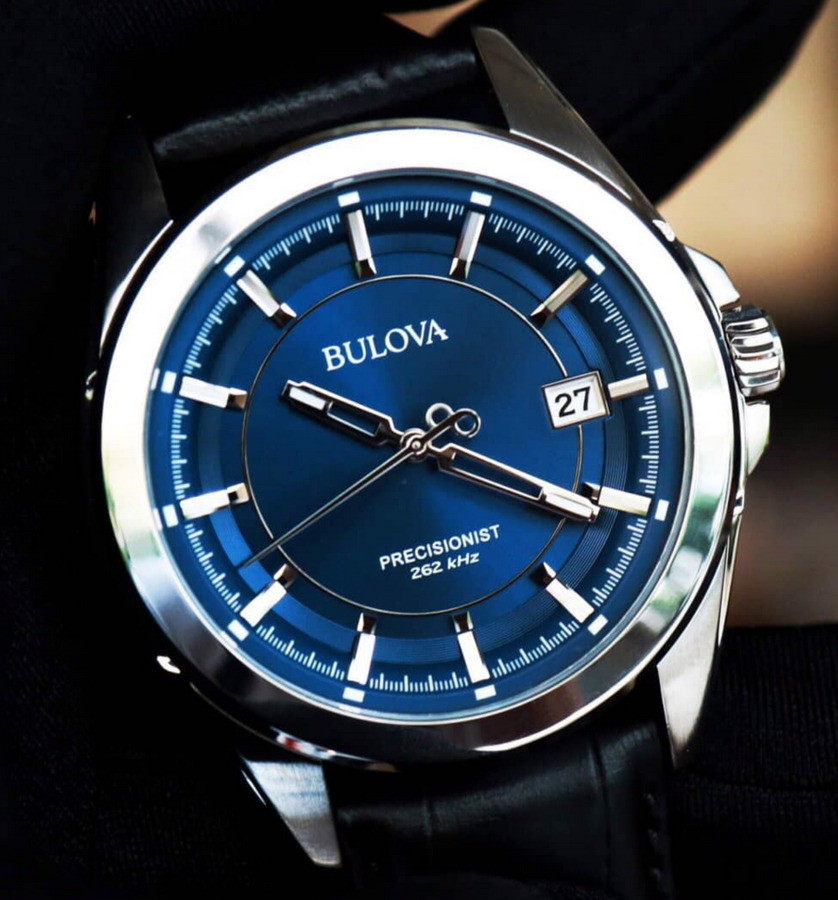 Bulova Precisionist Blue Dial Silver Tone Black Leather Band Men’s Watch 96B257