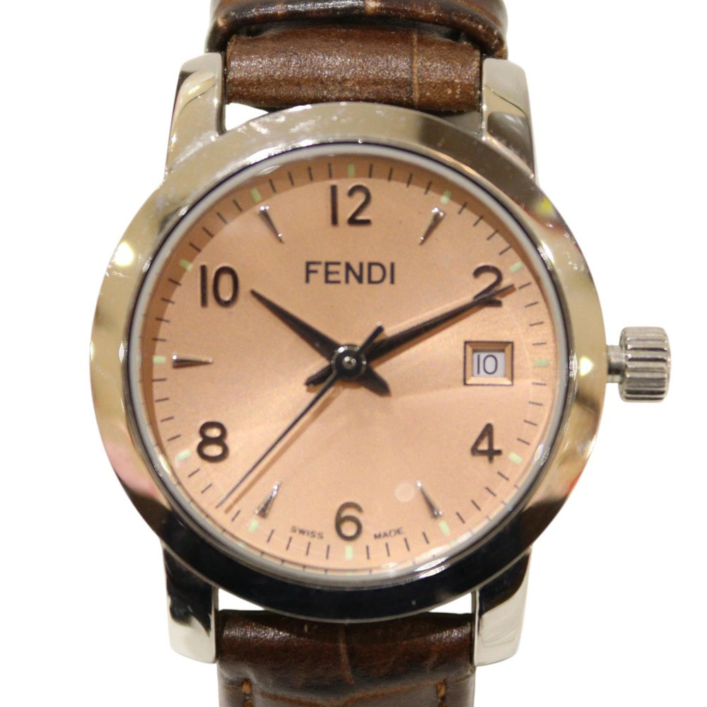 FENDI Orologi 2100L quartz battery operated leather belt date orange dial stainl