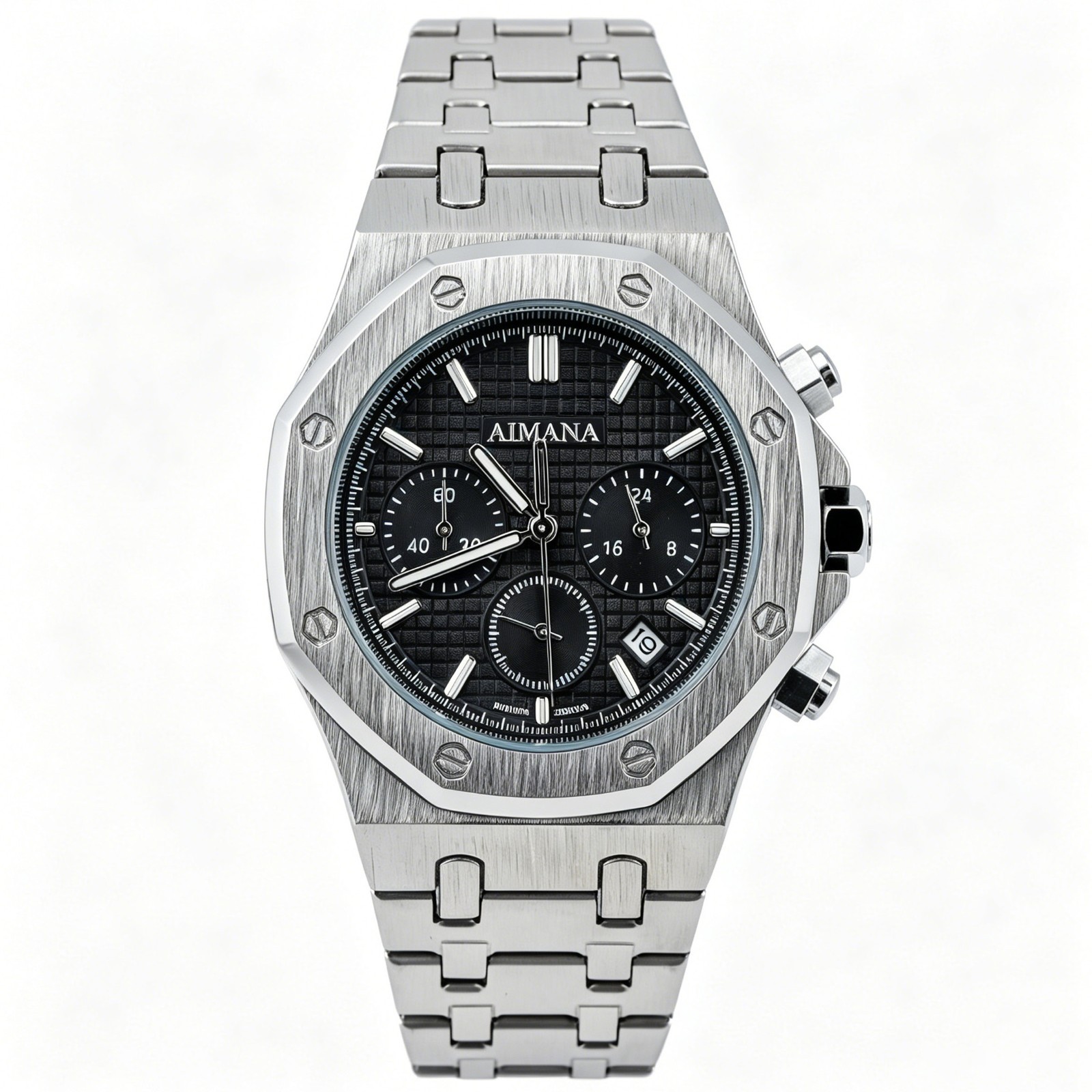 VORSEL Mens Quartz Chronograph Watch Black Dial Stainless Steel Band 43mm