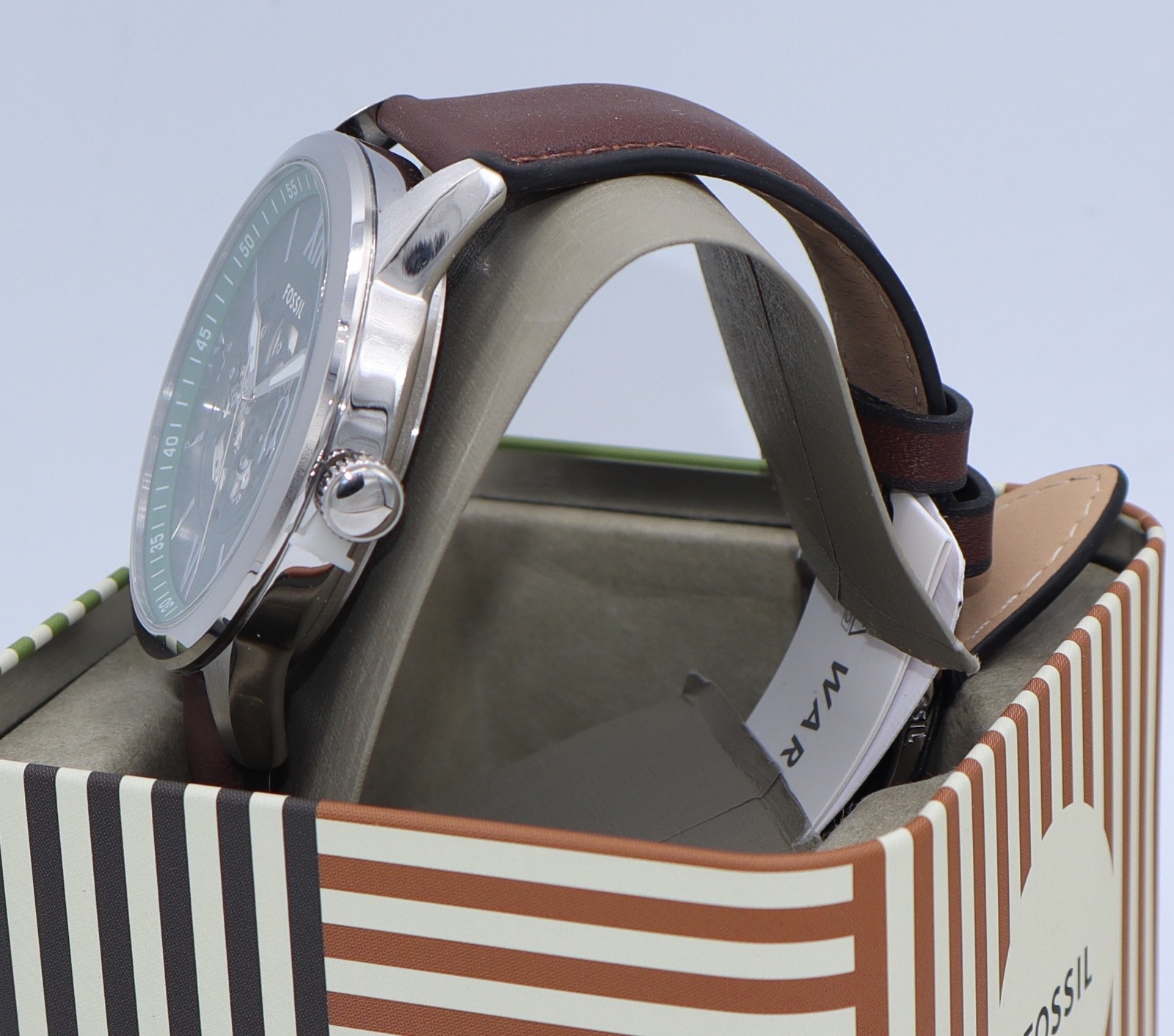 Fossil Flynn Silver Green Brown Leather Skeleton BQM7129 Men Watch