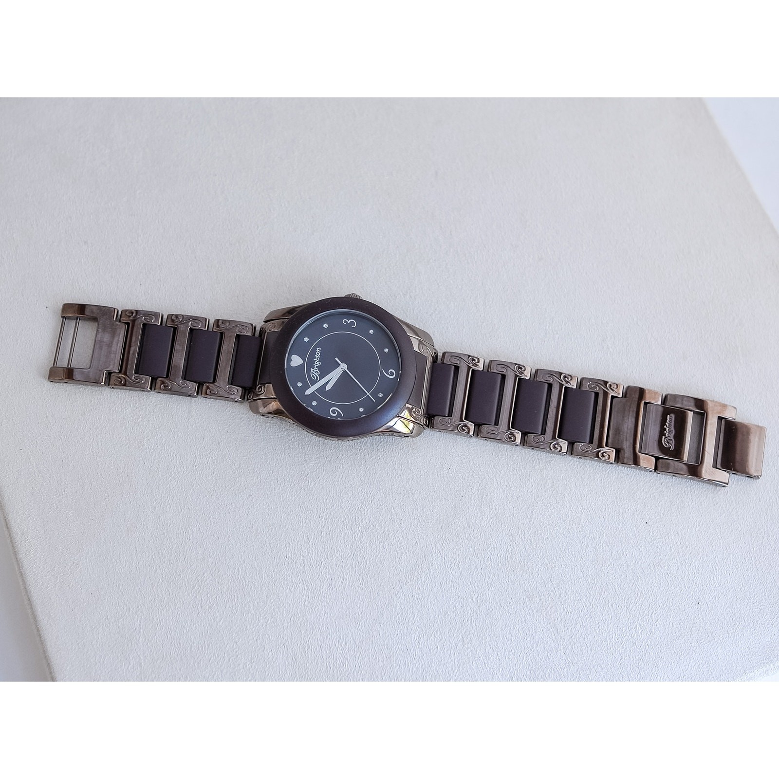 Brighton Brooklyn Quartz Watch Bronze Rubber Etched Swirl Bezel Fold Over Clasp