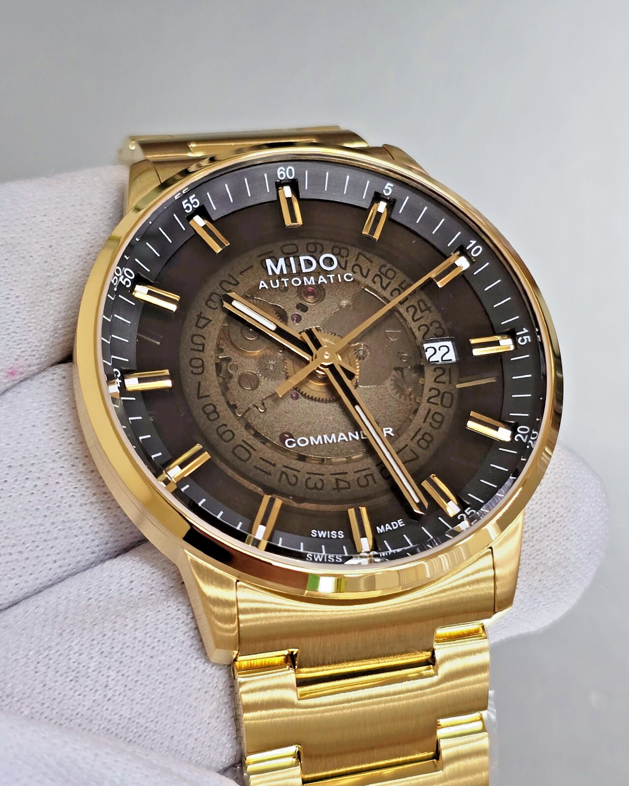 Mido Commander Gradient 40mm Mens Gold Watch see-through dial M021.407.33.411.01