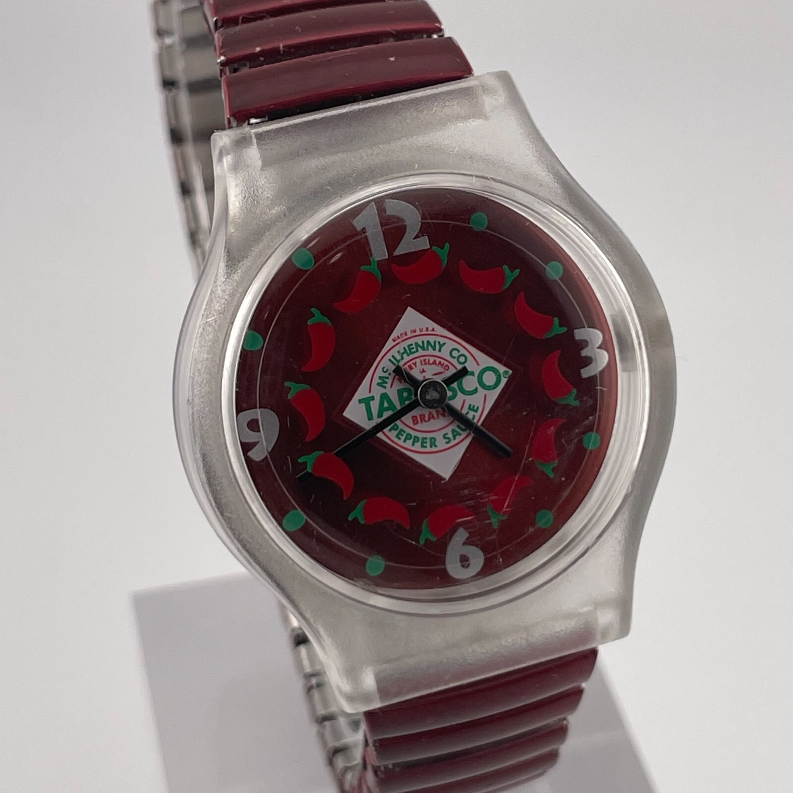 Tabasco Womens Watch 33mm Clear Case Red Stretch Band Quartz Analog