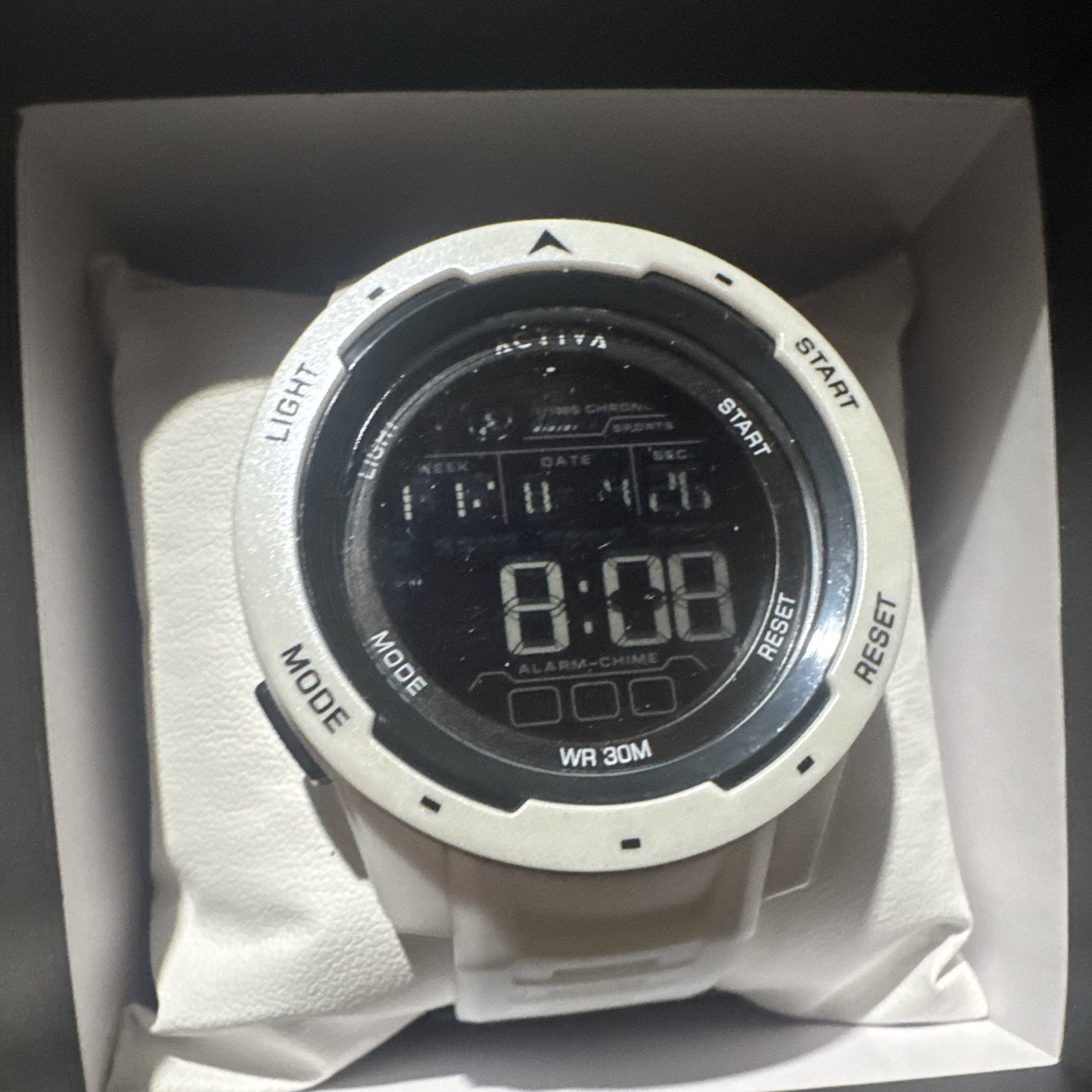 Activa Swiss Digital Quartz 44-47mm White Rubber Strap Alarm Chrono 30m Box