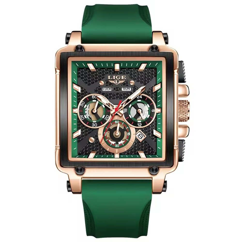 LIGE Men Watch Rectangle Sport Quartz Wristwatch Silicone Strap Male Date Watch