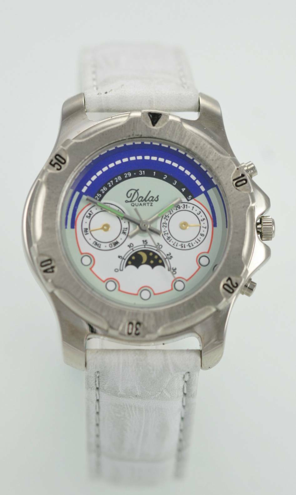 Dalas Blue White Stainless Silver White Gray Leather Quartz Battery Watch