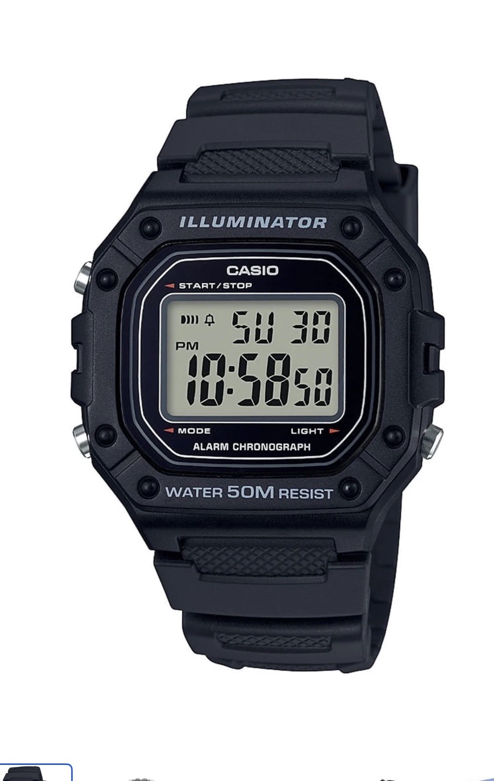 Casio W218H-1AV, Chronograph Watch, Black Resin Band, Alarm, Illuminator, NEW