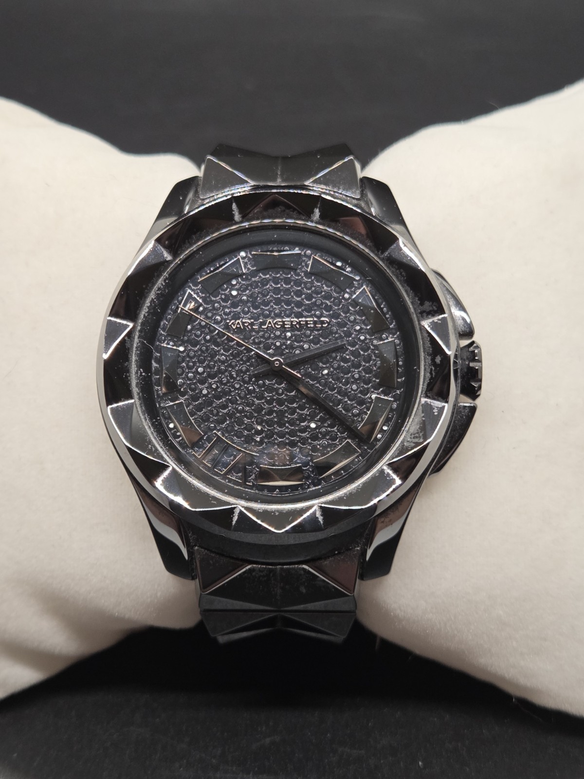 Rare Karl Lagerfeld Stainless Black Pyramid Stud Analog KL-1027 Watch AS IS