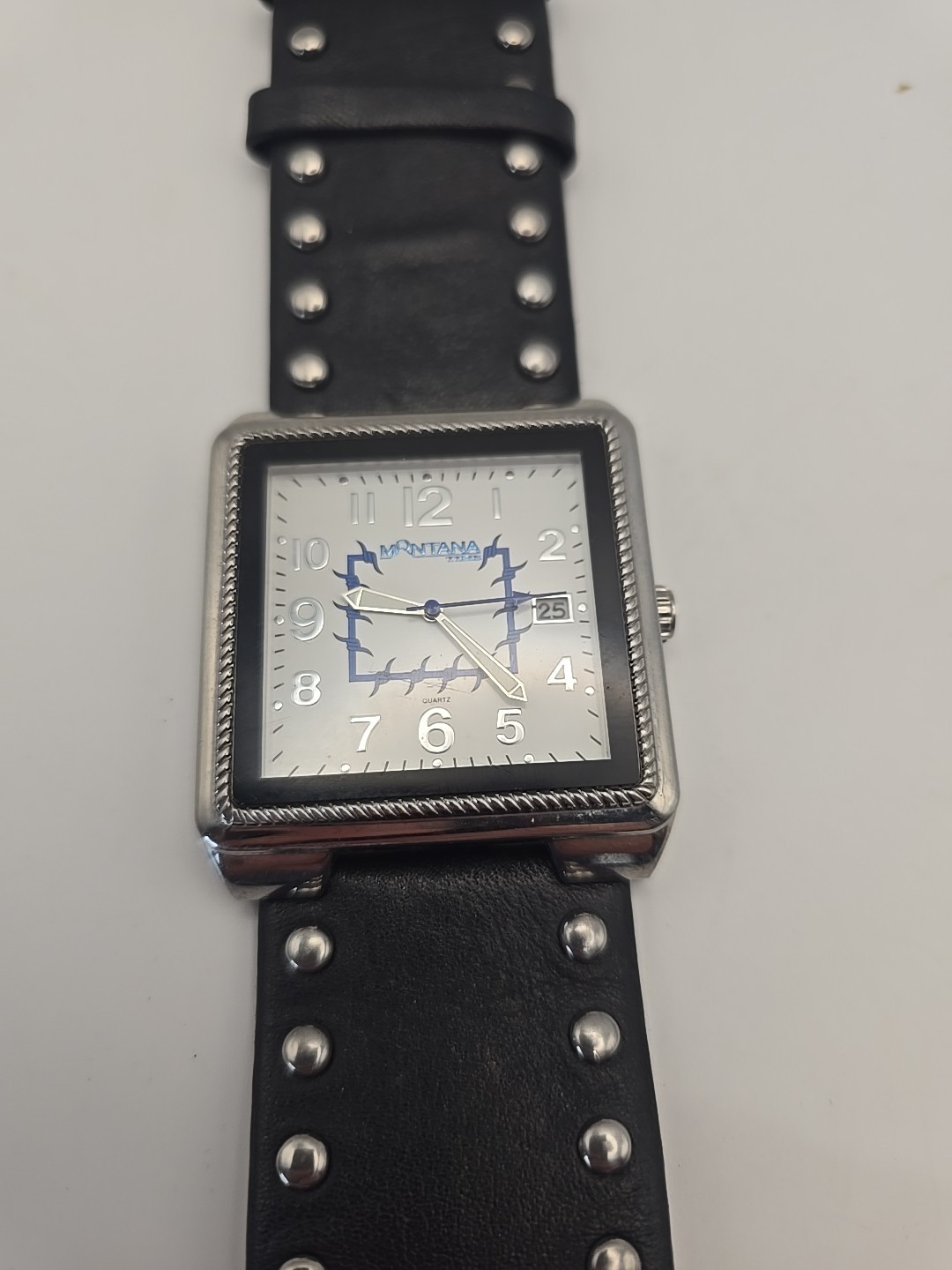 Montana Silversmiths black leather stud square face barbed wire wrist watch