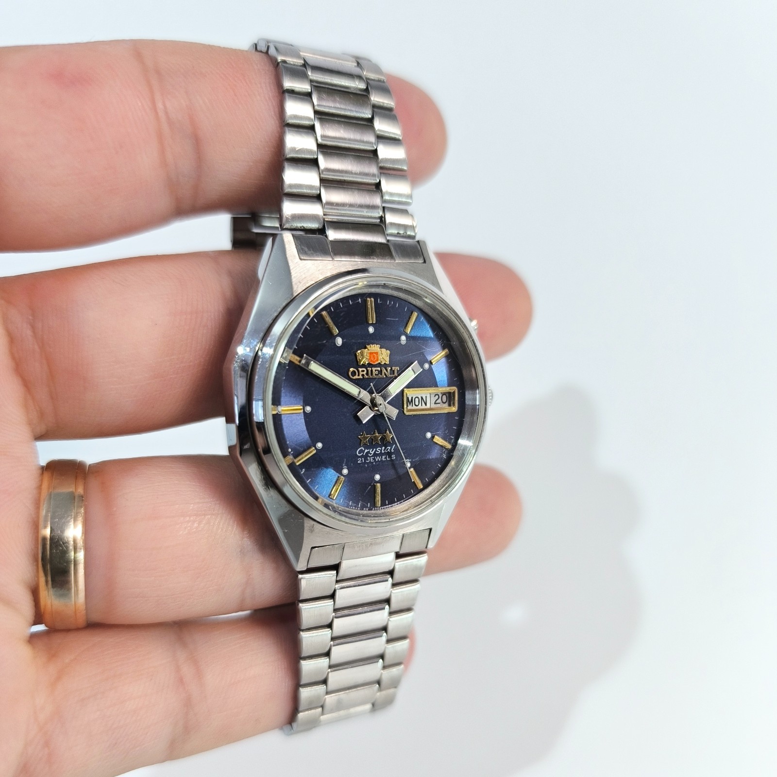 Vintage Orient 3 Star Automatic Watch Day Date Blue Dial 21 Jewels Japan