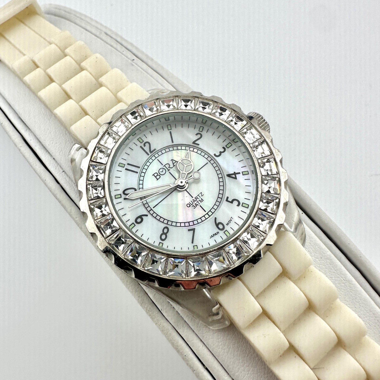 BORA Womens Watch 38mm White MOP Dial Crystal Bezel Silicone Band Quartz