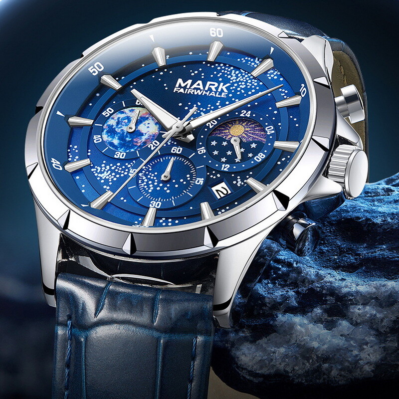 MARK FAIRWHALE Cosmic Stars Moon Phase Calendar Luminous Waterproof Quartz Watch