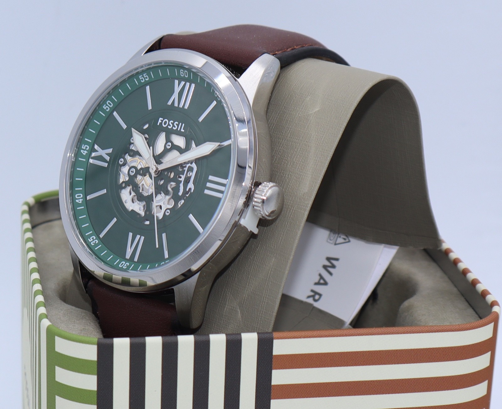 Fossil Flynn Silver Green Brown Leather Skeleton BQM7129 Men Watch