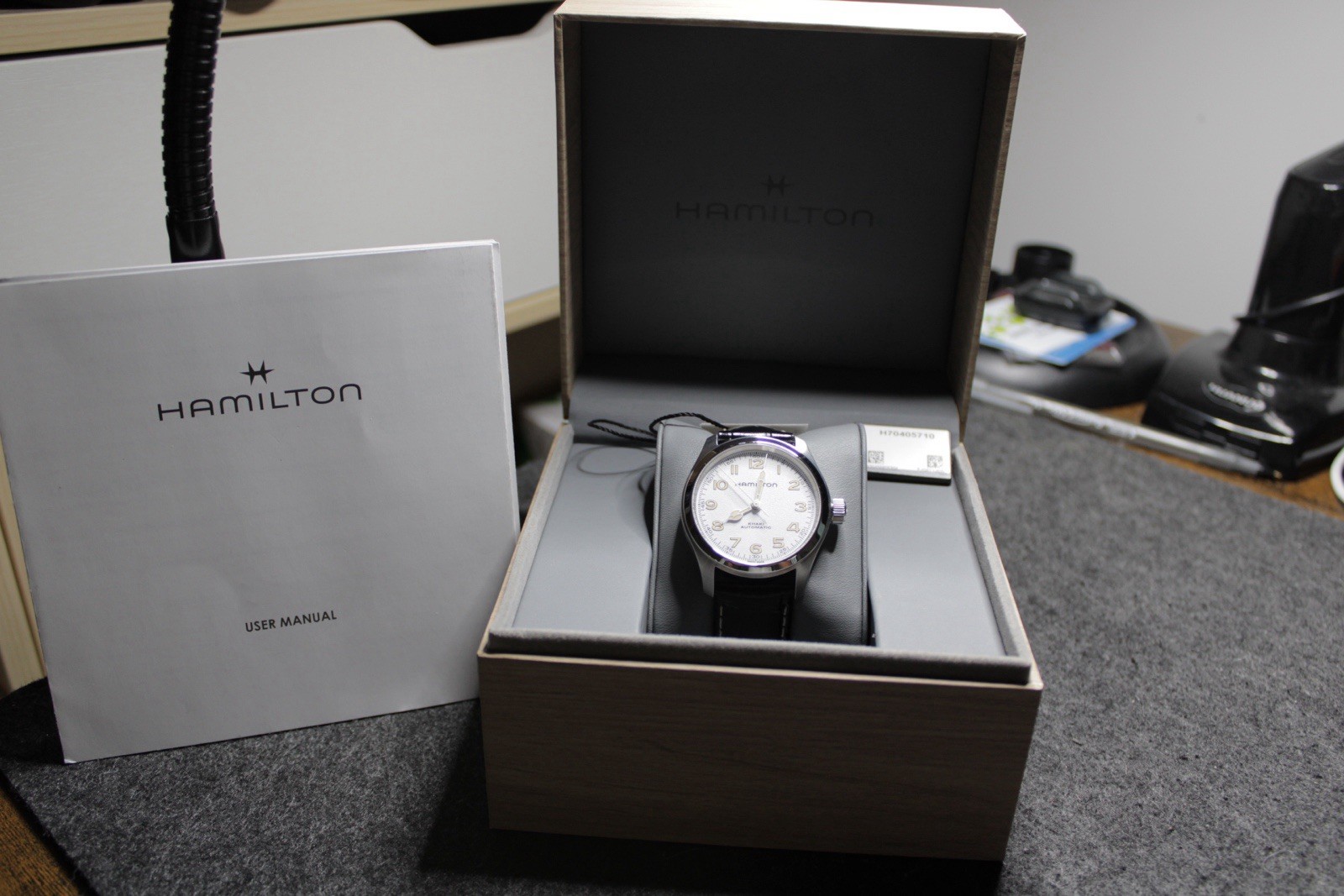 Hamilton Khaki Automatic 38mm White Dial Black Leather Strap Box Papers