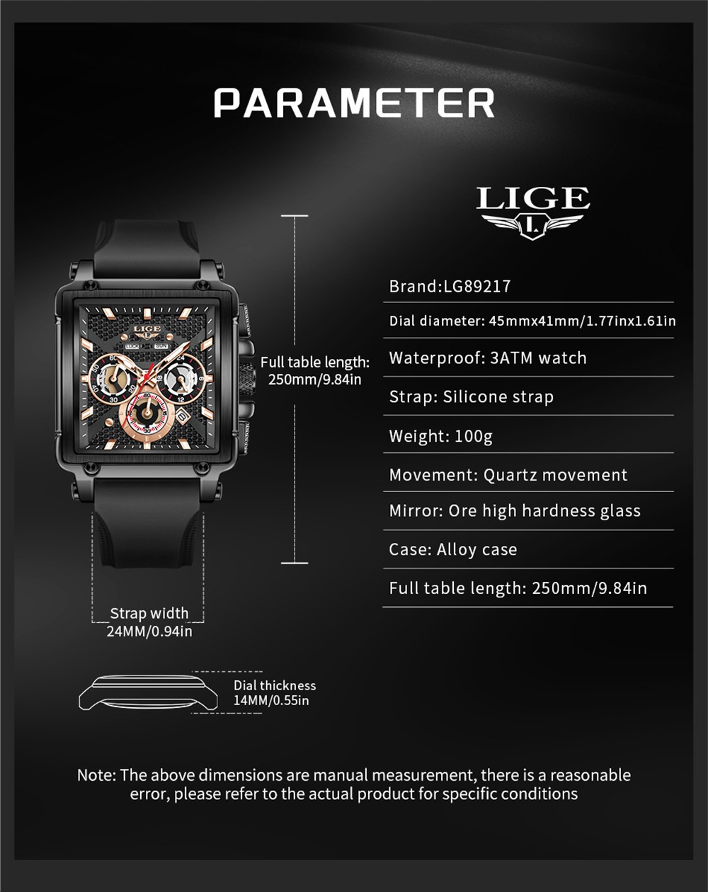 LIGE Men Watch Rectangle Sport Quartz Wristwatch Silicone Strap Male Date Watch