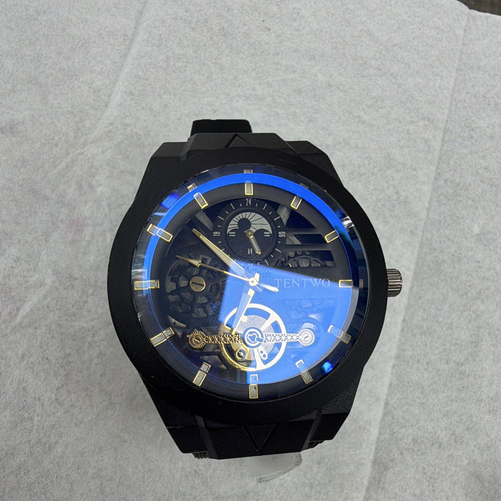TENTWO Quartz Analog Skeleton Dial Watch Blue/Black/Gold Black Rubber Strap