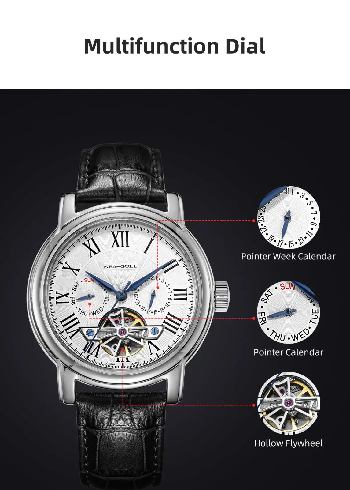 Seagull Automatic Skeleton Watch — Open Heart Mechanical, Leather, Slate & Crown
