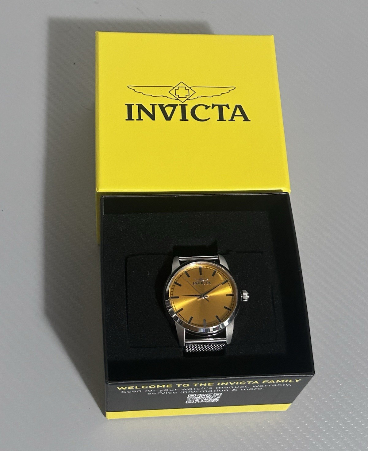 Invicta Men’s Analog Wristwatch Gold Dial Silver Case & Band Stick Index Box