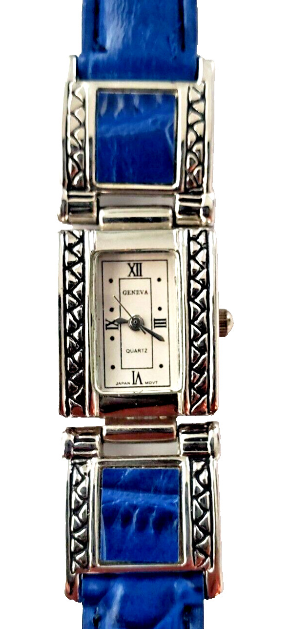 Woman watch Geneva, alligator style grain leather Navy Blue band, new battery
