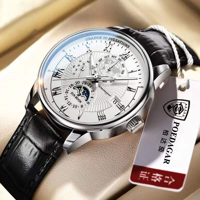 Men Watch Leather Waterproof Luminous Watch Luxury Men Quartz Wristwatches + BOX