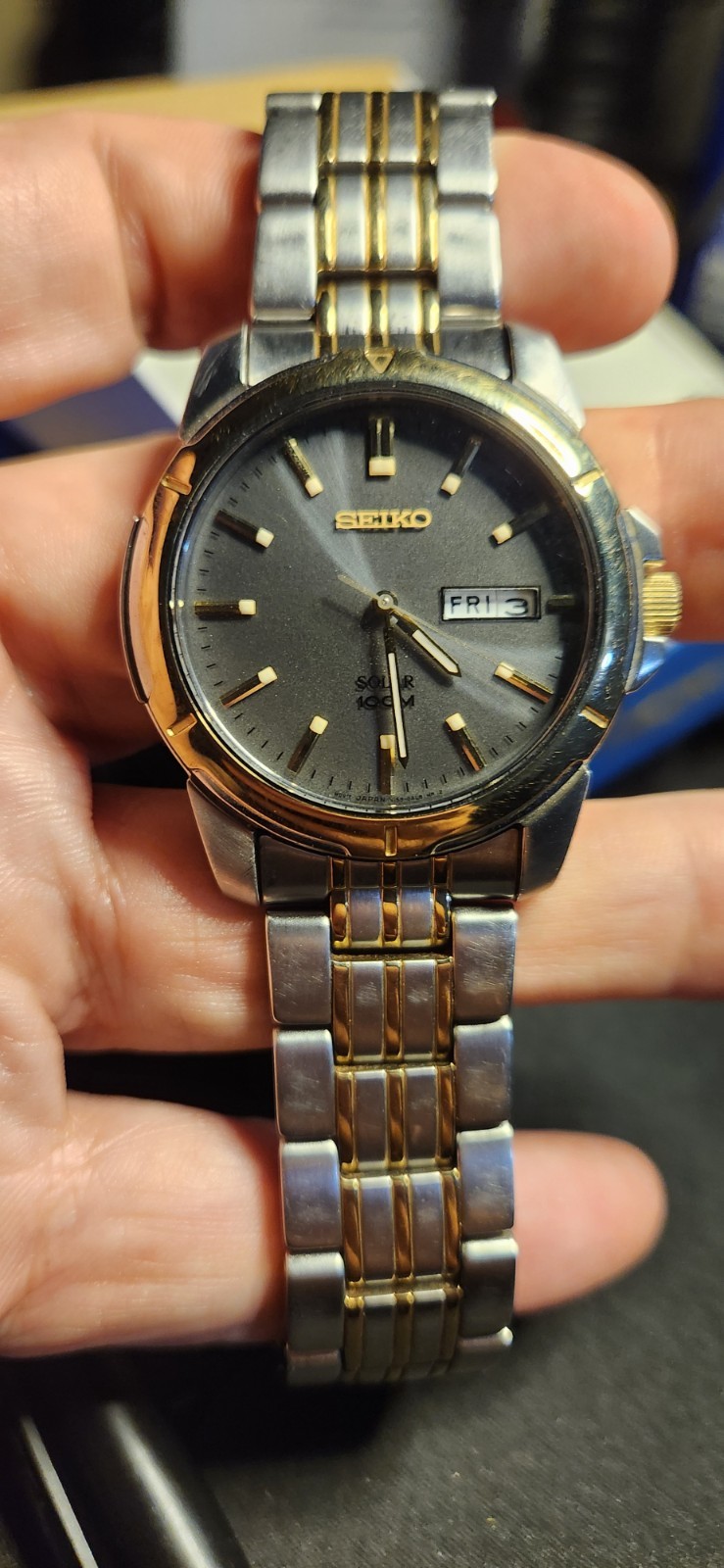 Seiko SNE098 Solar Quartz Men’s Watch Gray Dial Two-Tone Day/Date 100m