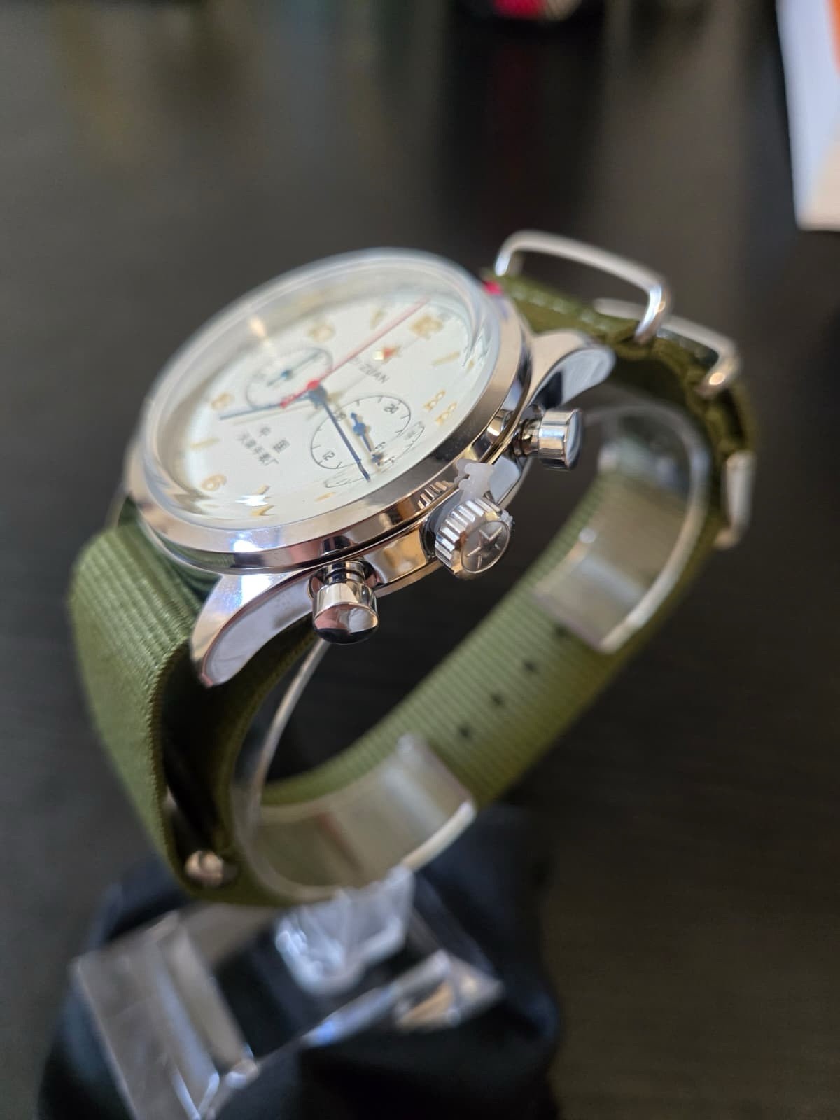 Homage Seagull 1963 Chronograph Quartz 42mm Rice White Dial Green NATO Strap