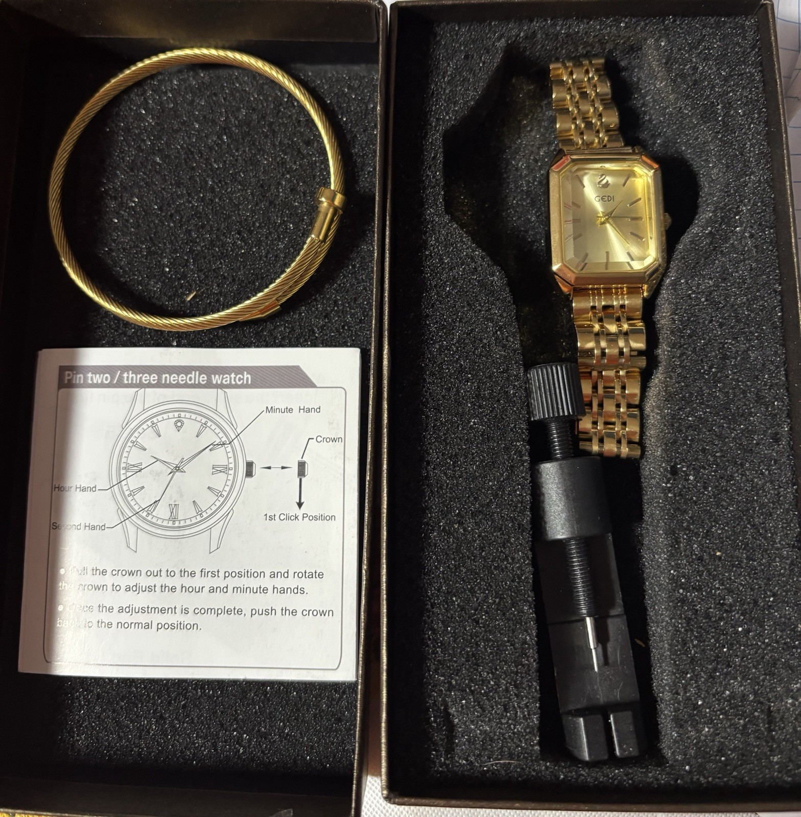 GEDI Bangle Watch & Bracelet Set Simple Square Gold Tone Solid SS Band