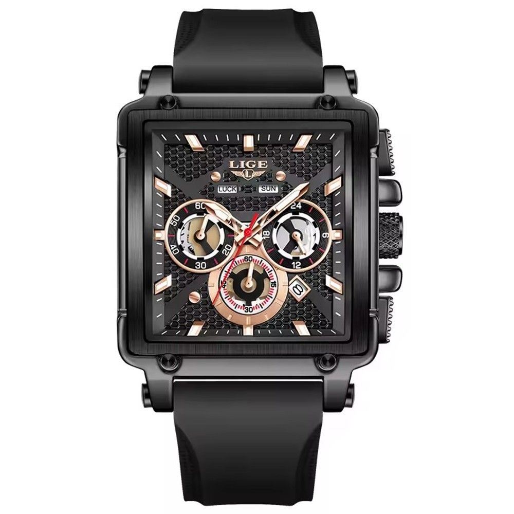 LIGE Men Watch Rectangle Sport Quartz Wristwatch Silicone Strap Male Date Watch