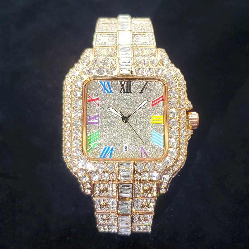 Luxury Diamond Watch Men Fashion Iced Out Square Colorful Number Watches Hip Ho