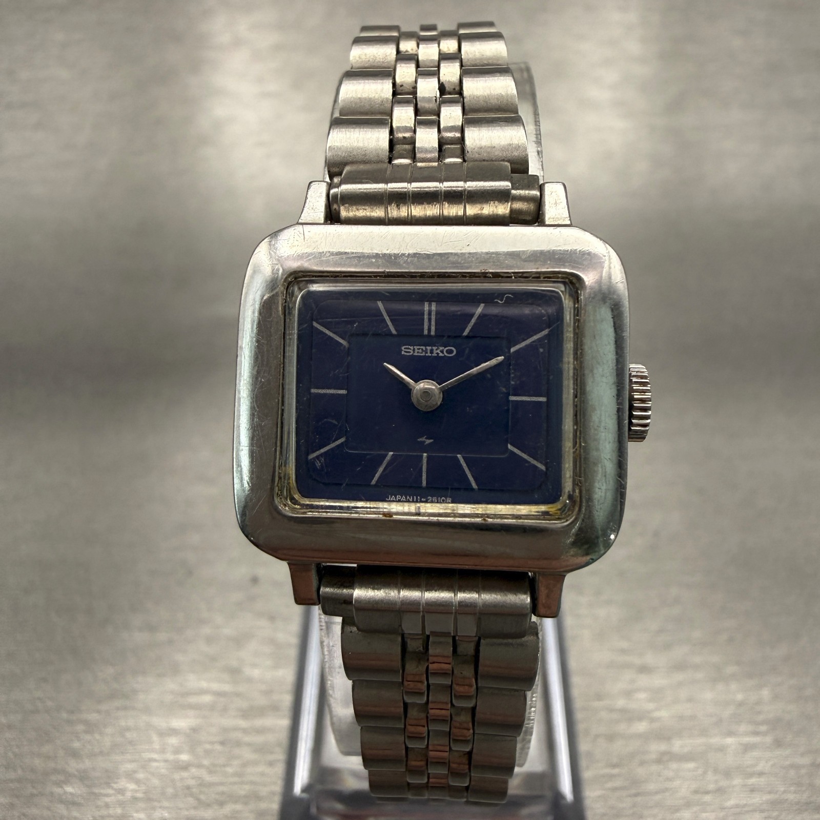 Seiko Watch Women 22mm Blue Dial Silver Tone Rectangle 11-3839 Vintage Works