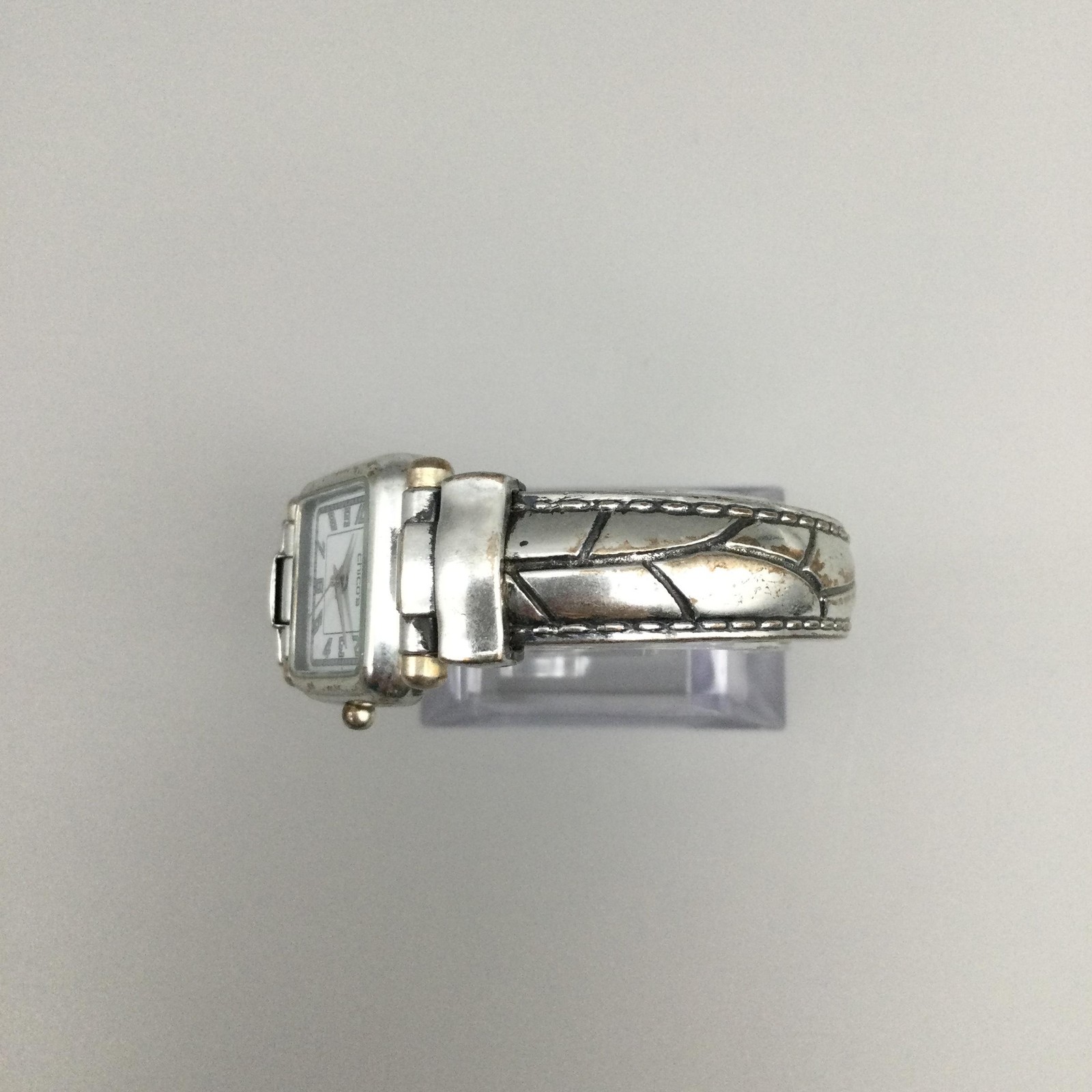 Chicos Womens Watch 25mm White Square Dial Silver Tone Cuff Band New Battery