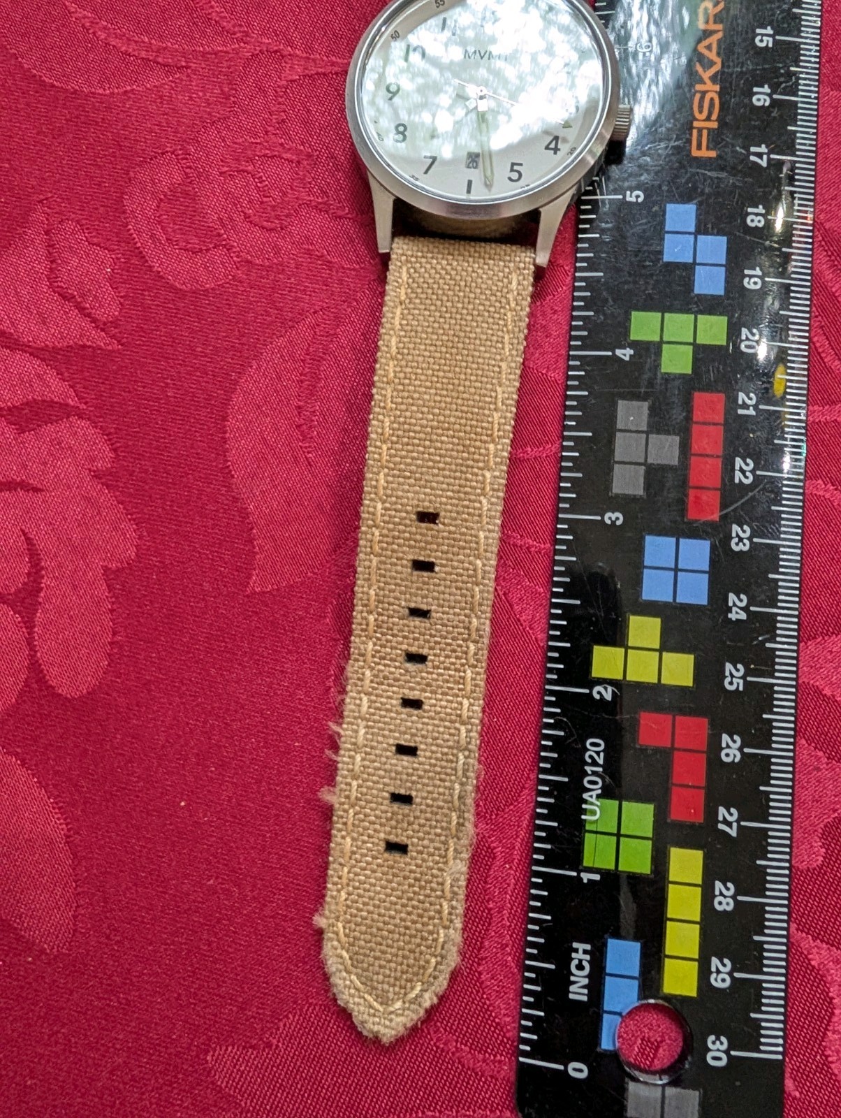 MVMT Quartz Analog Watch 42mm White Dial Date Untested Tan Canvas Strap
