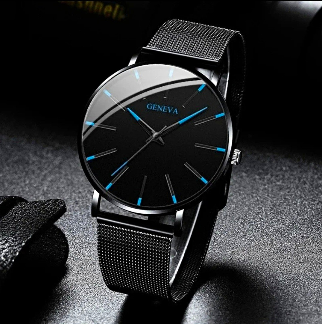 Geneva Men’s Quartz Analog Watch 40mm Black Mesh Band Black/Blue Dial