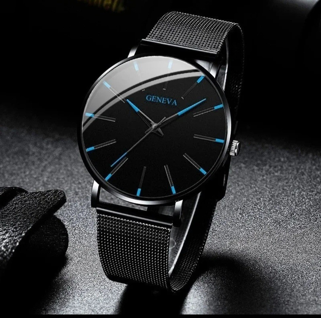 Geneva Men’s Quartz Analog Watch 40mm Black Mesh Band Black/Blue Dial