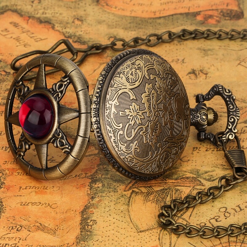 Steampunk Bronze Quartz Pocket Watch with Stone Decoration Chain Women Men Gifts