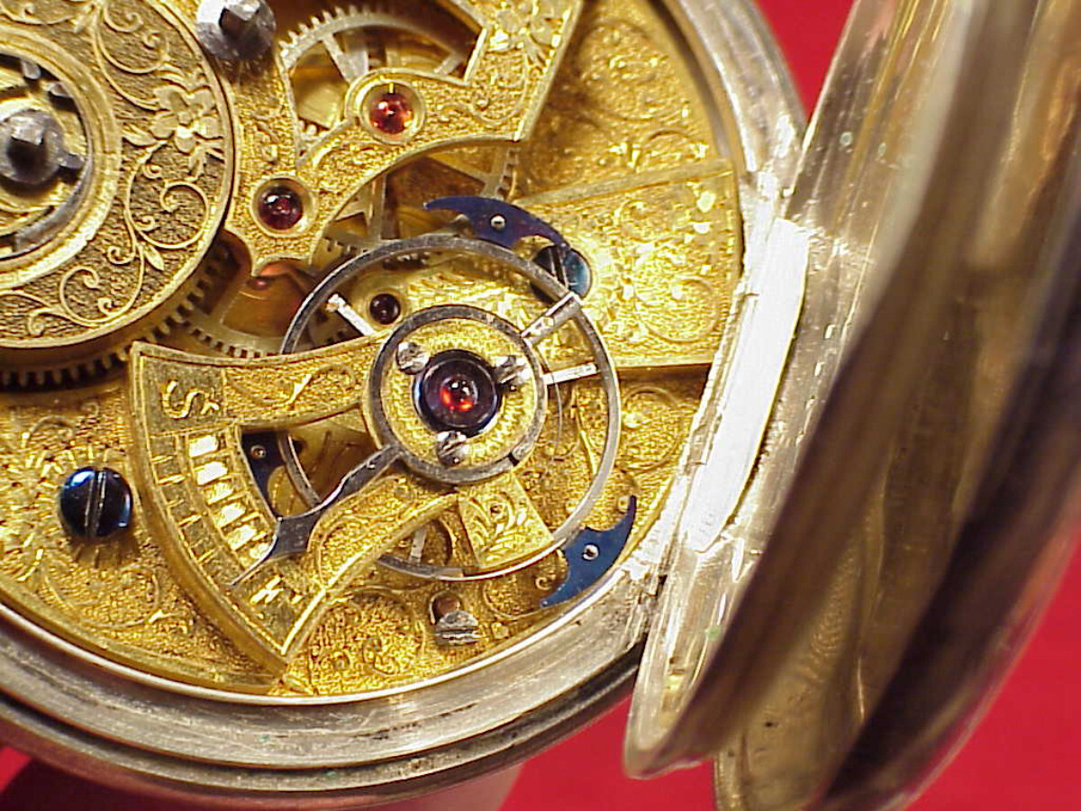 VINTAGE 55MM T JACOT BAT WING RUBY CRAB CLAW CHINESE DUPLEX SILVER POCKET WATCH