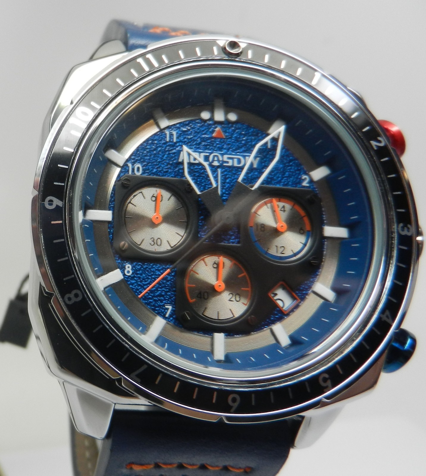 Men’s 45mm Blue Textured Chronograph Date Dial W/ Leather 24HR Dial Sport Watch