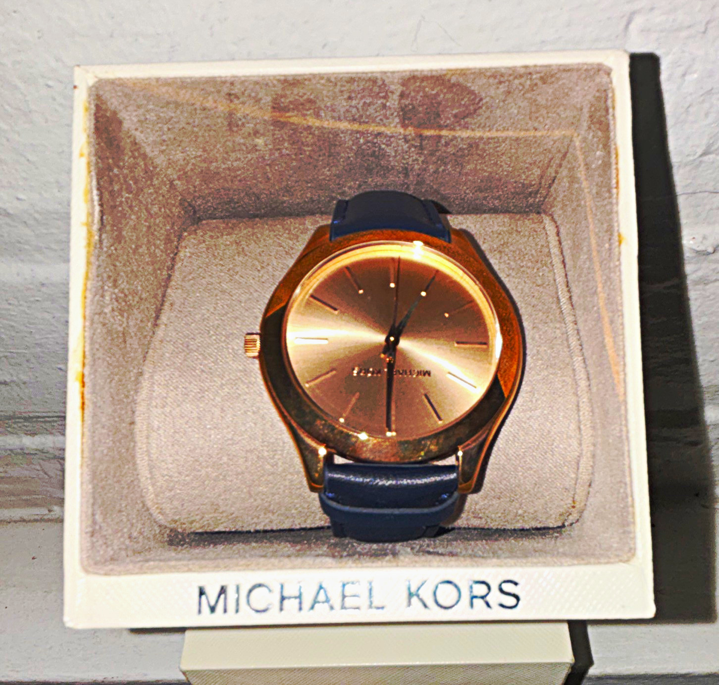 Michael Kors Slim Runway Quartz Rose Gold Dial/Case Blue Leather Strap w/ Box