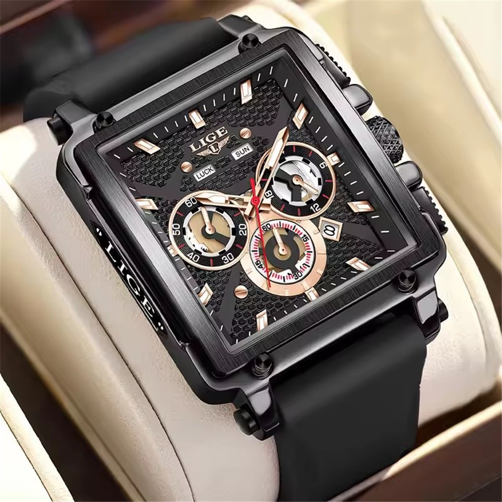 LIGE Men Watch Rectangle Sport Quartz Wristwatch Silicone Strap Male Date Watch