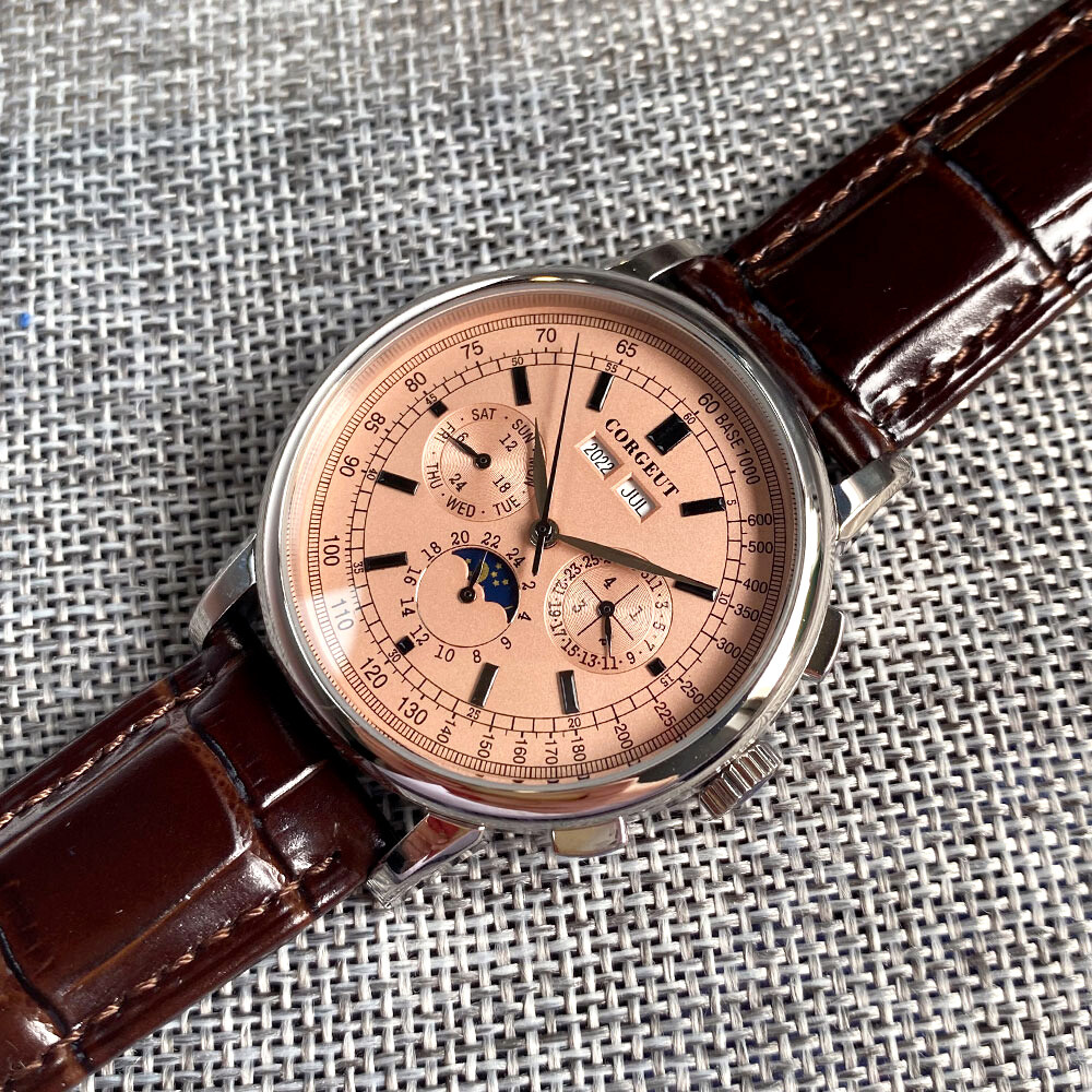 42mm corgeut pink dial multifunction Sea-gull 1655 automatic mens watch