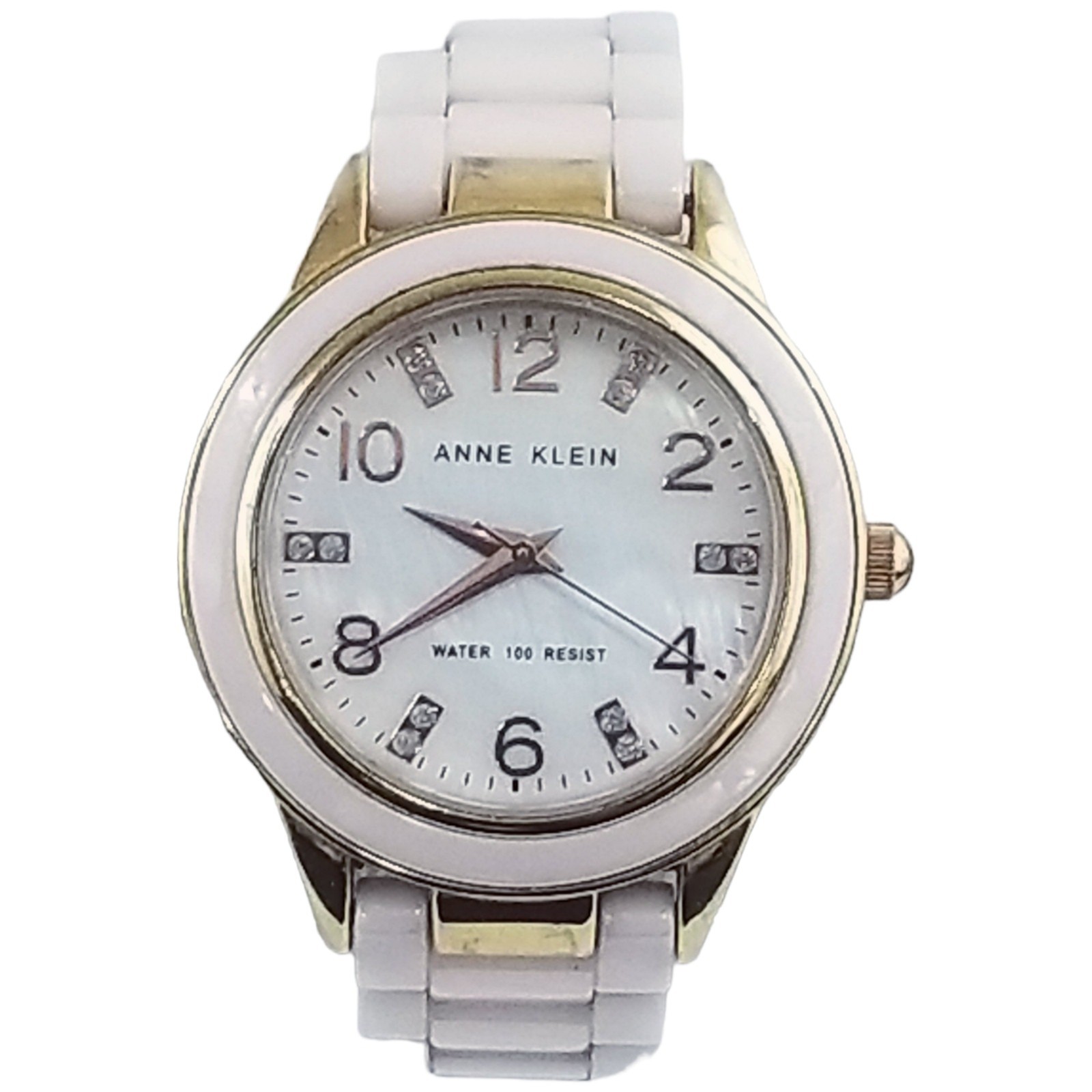 Anne Klein Women’s Pink Enamel Gold Tone Watch Mother of Pearl Stainless Steel