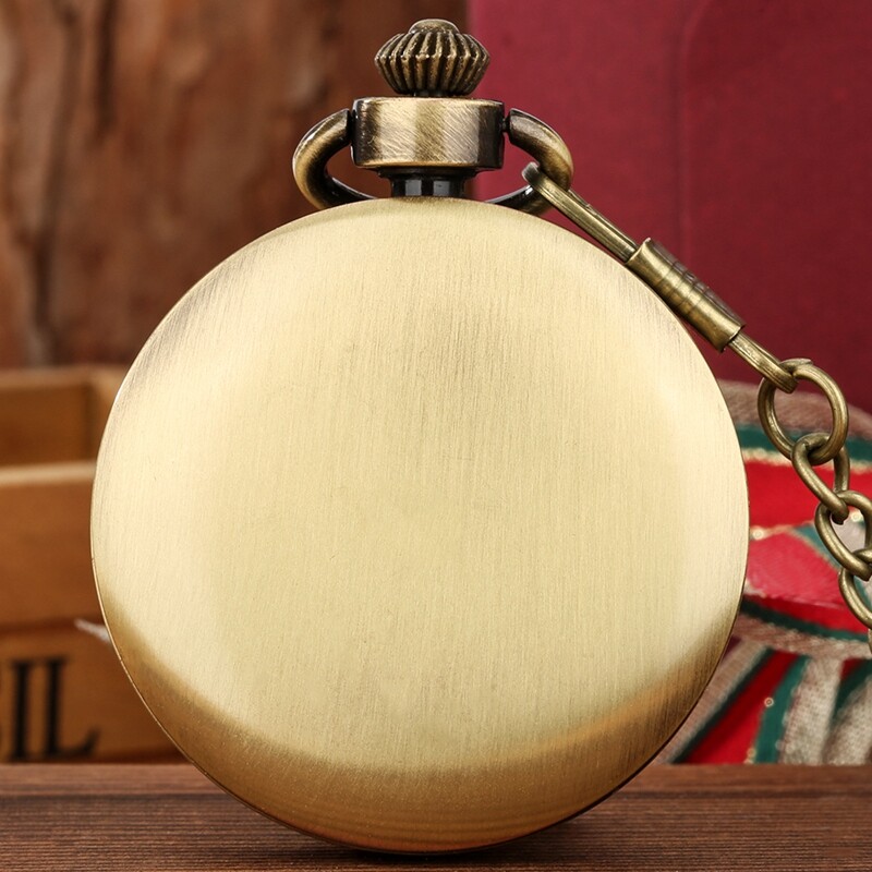 Bronze Smooth Open Face Roman Numerals Pocket Watch Alloy Case with Hook Chain