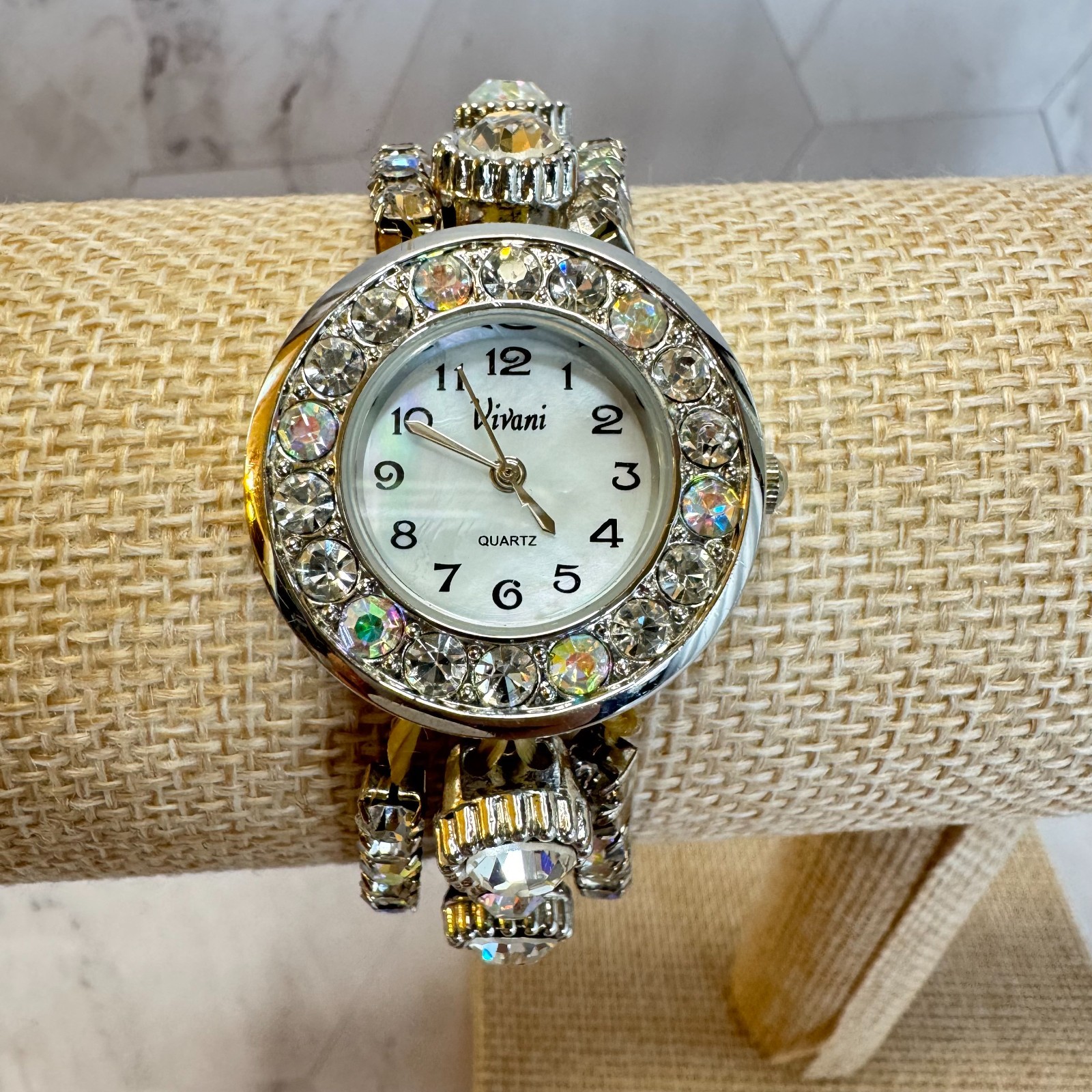 Vintage Vivani Watch Quartz Stainless Steel AB Rhinestone 3 Strand Runs READ